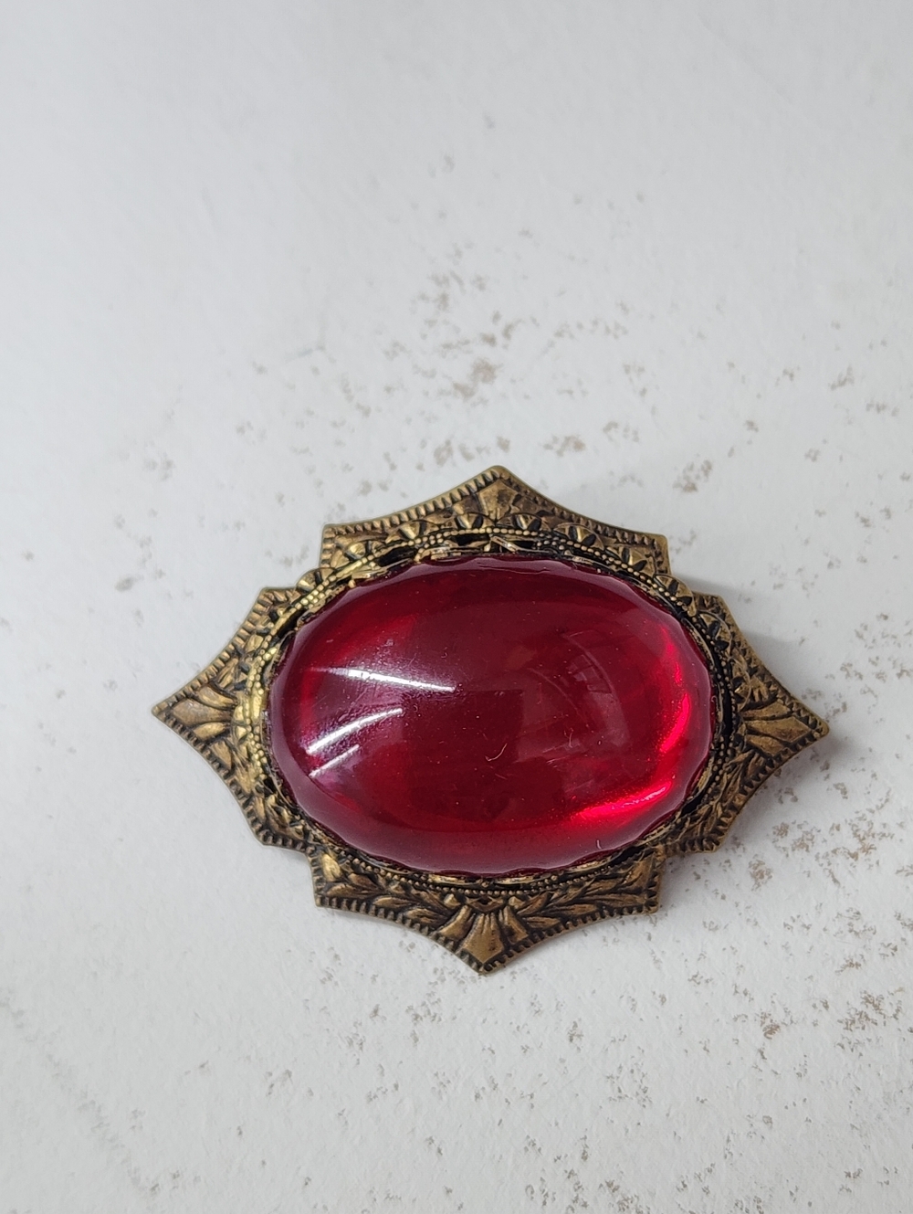 Vintage Red Glass Cabochon Brooch Pin